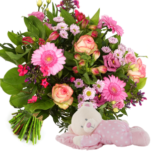 Bedienen Haas Vaardigheid Geboorte bloemen meisje + liggende baby knuffelbeer op kussentje