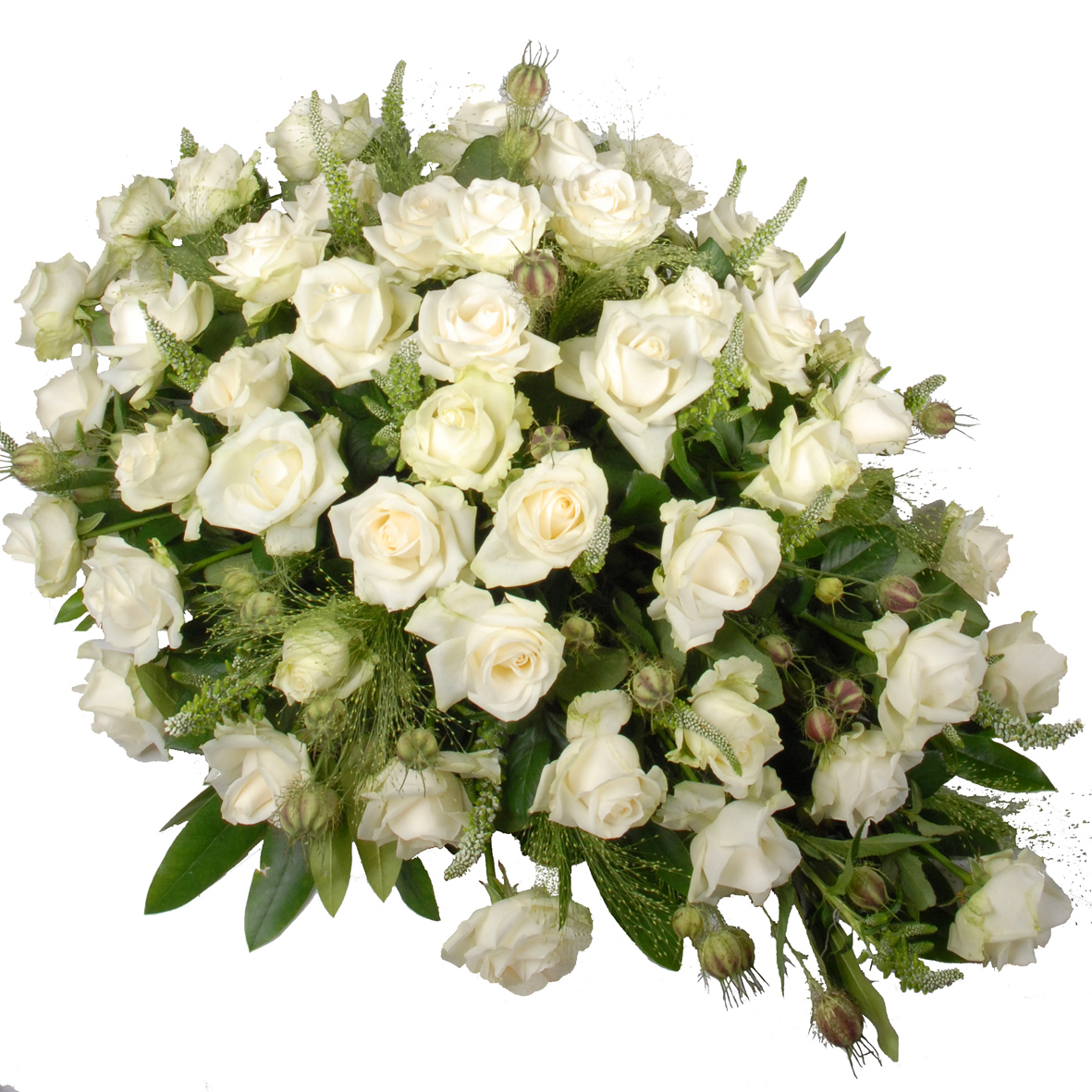 Rouwstuk met alleen witte rozen