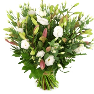 Witte lisianthus 
en roze lelies