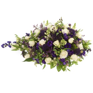 Rouwstuk 80 - 90 - 100 cm
wit paars met o.a witte rozen