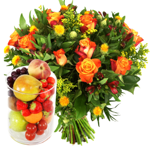 Glazen vaas met fruit
+ boeket bloemen