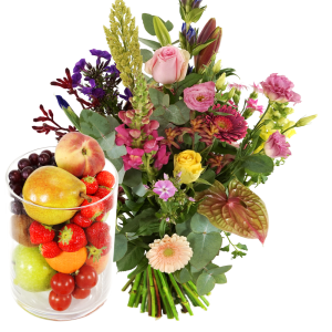 Bloemen en glazen vaas
geleverd met vers fruit
