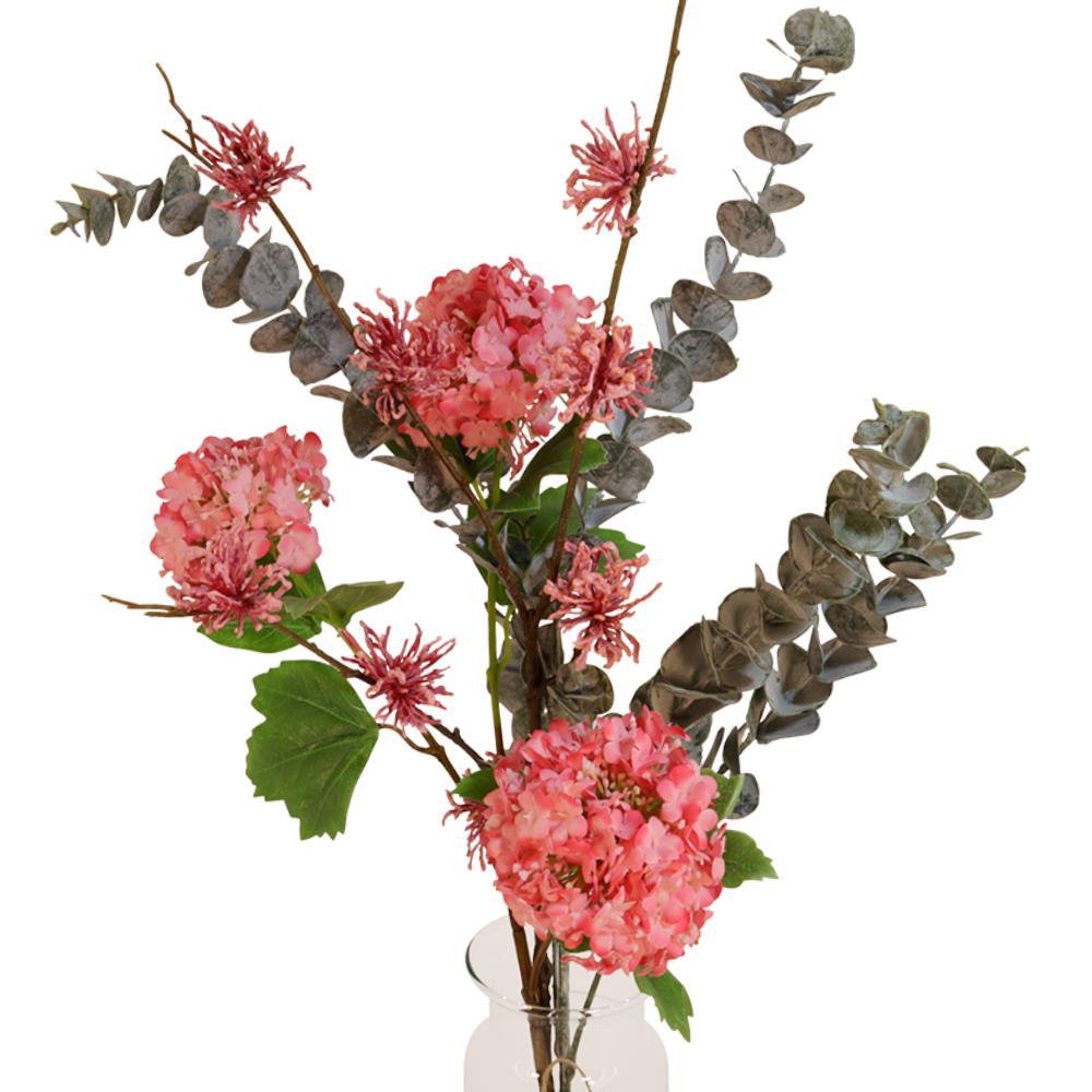 Kunstbloemen roze sneeuwballen – hazelaar – grijze eucalypthus