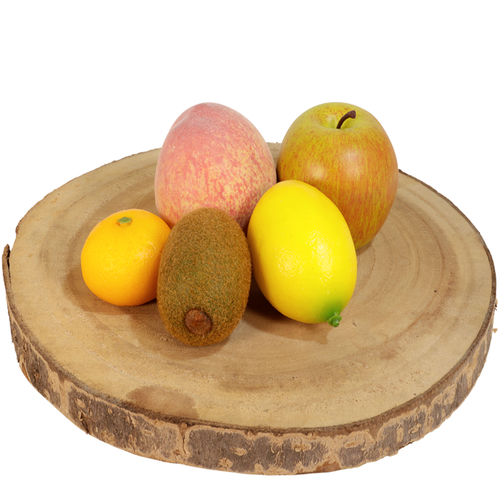 Kunstfruit: 5 stuks perzik – groene appel – citroen – kiwi – mandarijn