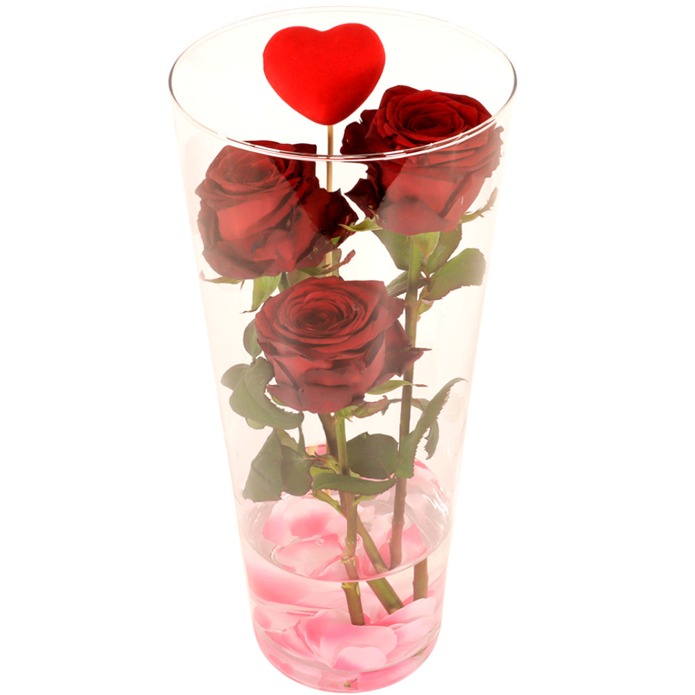 Verse rode rozen in glazen vaas ca. 40cm