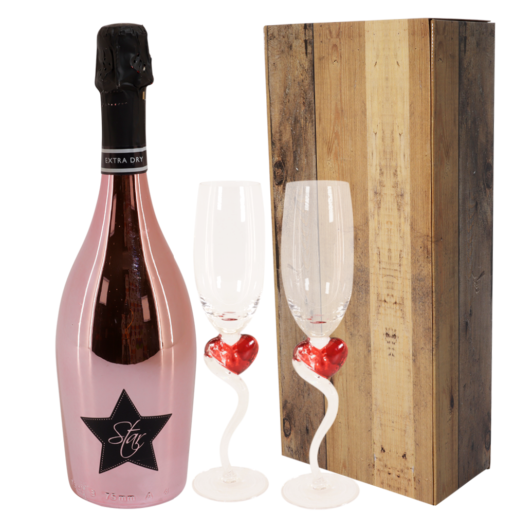Shiny pink fles Prosecco rose + 2 harten champagne glazen