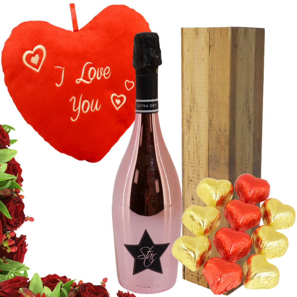 Shiny pink fles Prosecco rose + rood kussenhart i love you + 10 harten chocolade