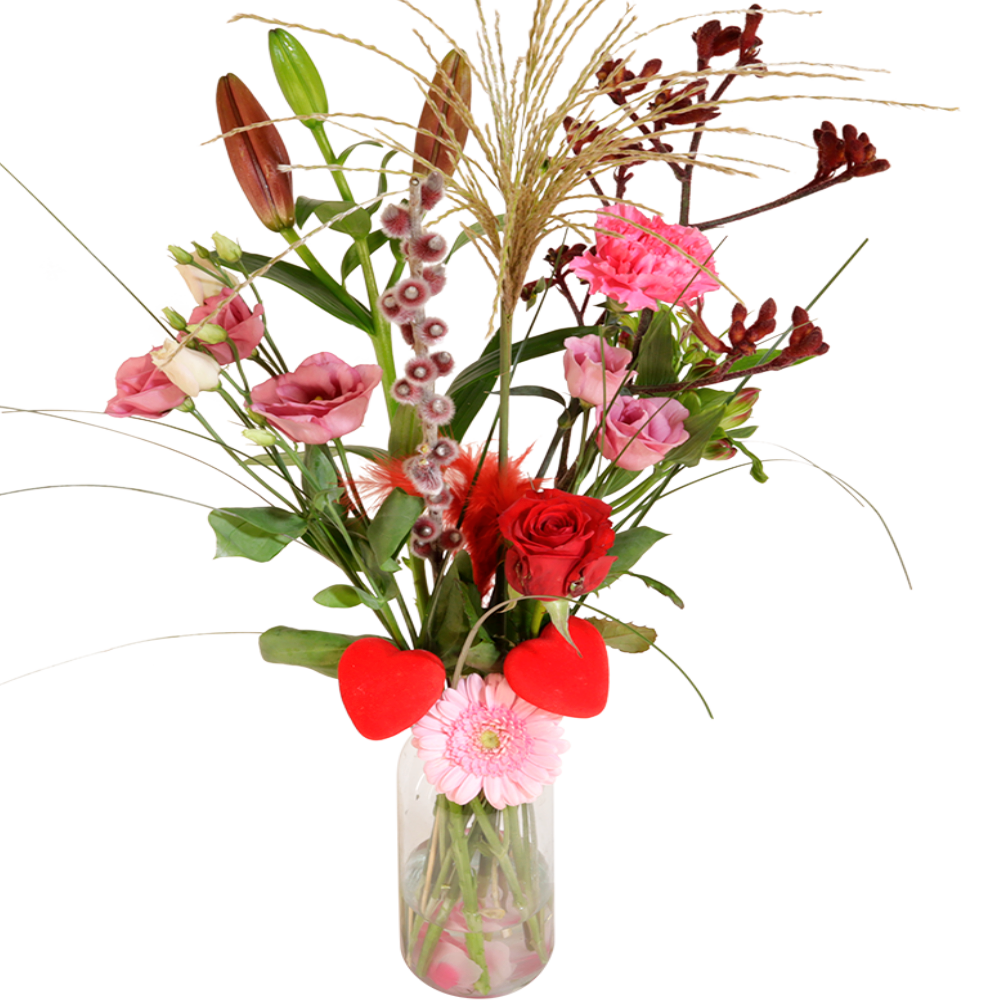Liefde plukbloemen roze rood in glazen vaas ca. 30 cm hoog