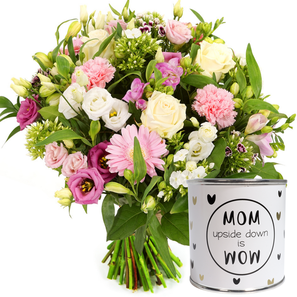 Moederdag boeket roze wit en snoepblikje MoM – WoW