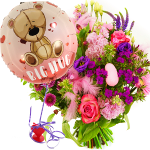 Boeket roze lila +
ballon Bug Hug