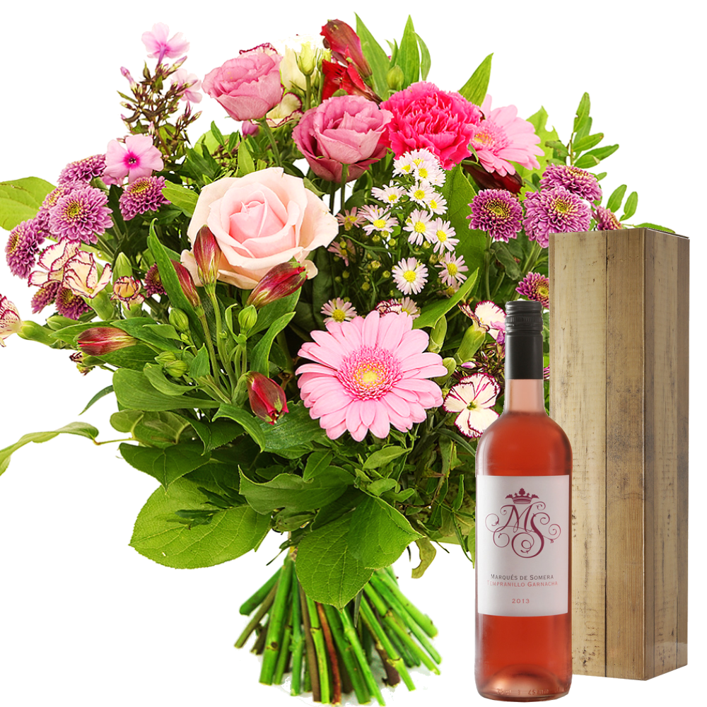 Boeket roze bloemen + fles Spaanse rosé wijn