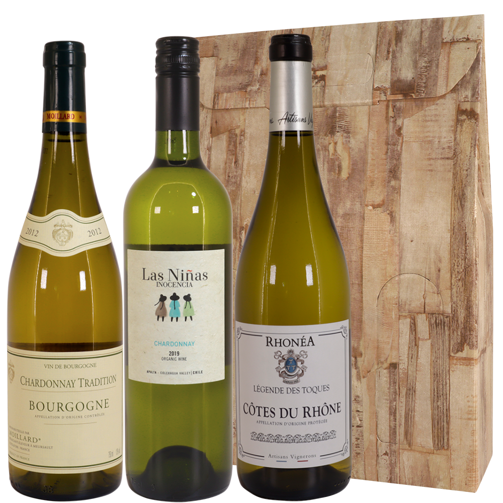 Trio witte wijnen: Bourgogne wijn chardonnay + Cotes Du Rhone + Organic Chardonnay Las ninas