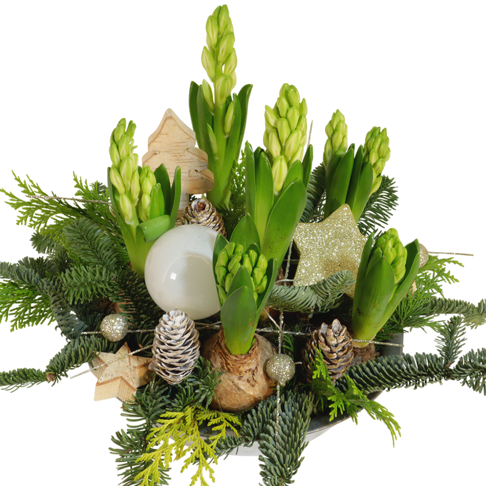 Boeketcadeau Sprankelend kerststuk ca. Ø 23cm met witte hyacinten