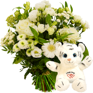 Witte bloemen + 
hug me tijger knuffel
