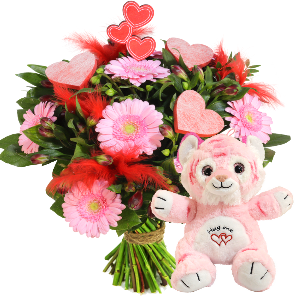 Roze liefdes boeket + roze hug me tijger knuffel