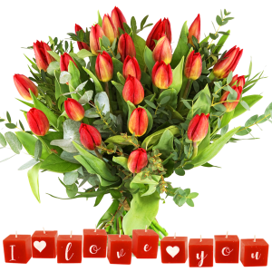 Rode tulpen +
I love you kaarsen
