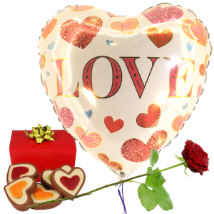 Love ballon +
chocolade + roos