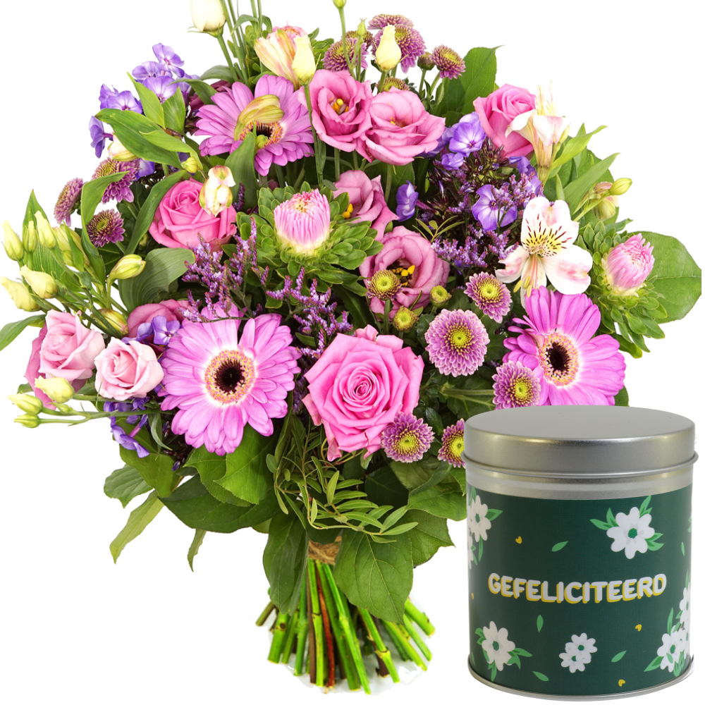 Boeket roze en paarse gefeliciteerd bloemen + gefeliciteerd blikje