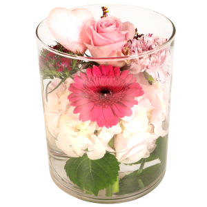 Hortensia + bloemen
in glazen vaas