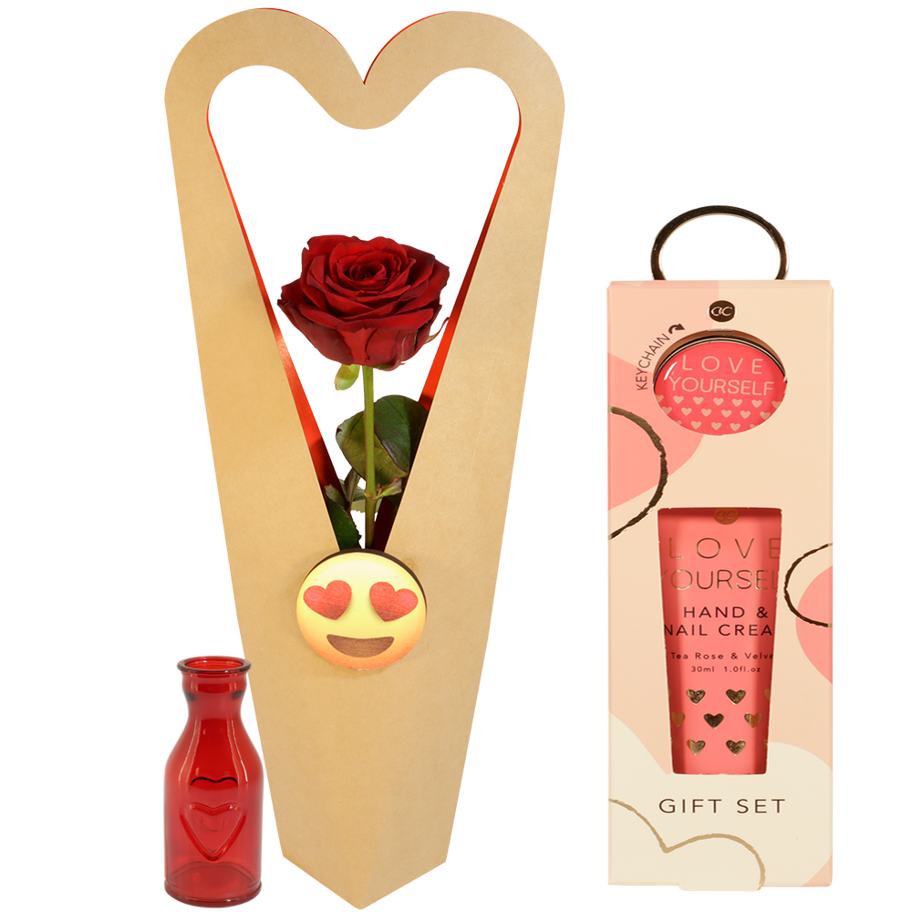 Rode roos met rood vaasje in sierlijke hart doos + Hand & Nail creme met sleutelhanger