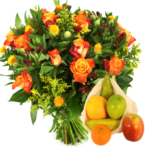 Vers fruit + boeket
oranje rozen en bloemen