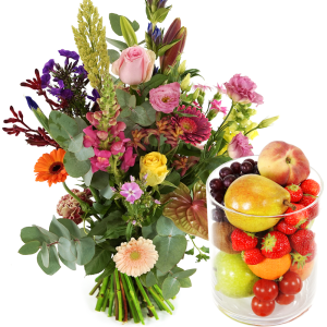 Bloemen en glazen vaas
geleverd met vers fruit