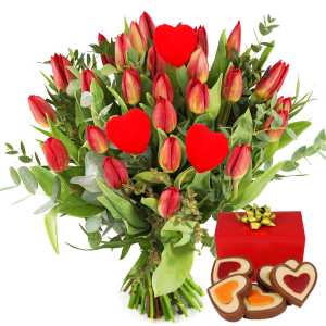Rode liefdes tulpen
+ hartjes chocolade