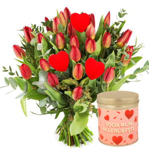 Rode liefdes tulpen
+ blikje hartjes snoep