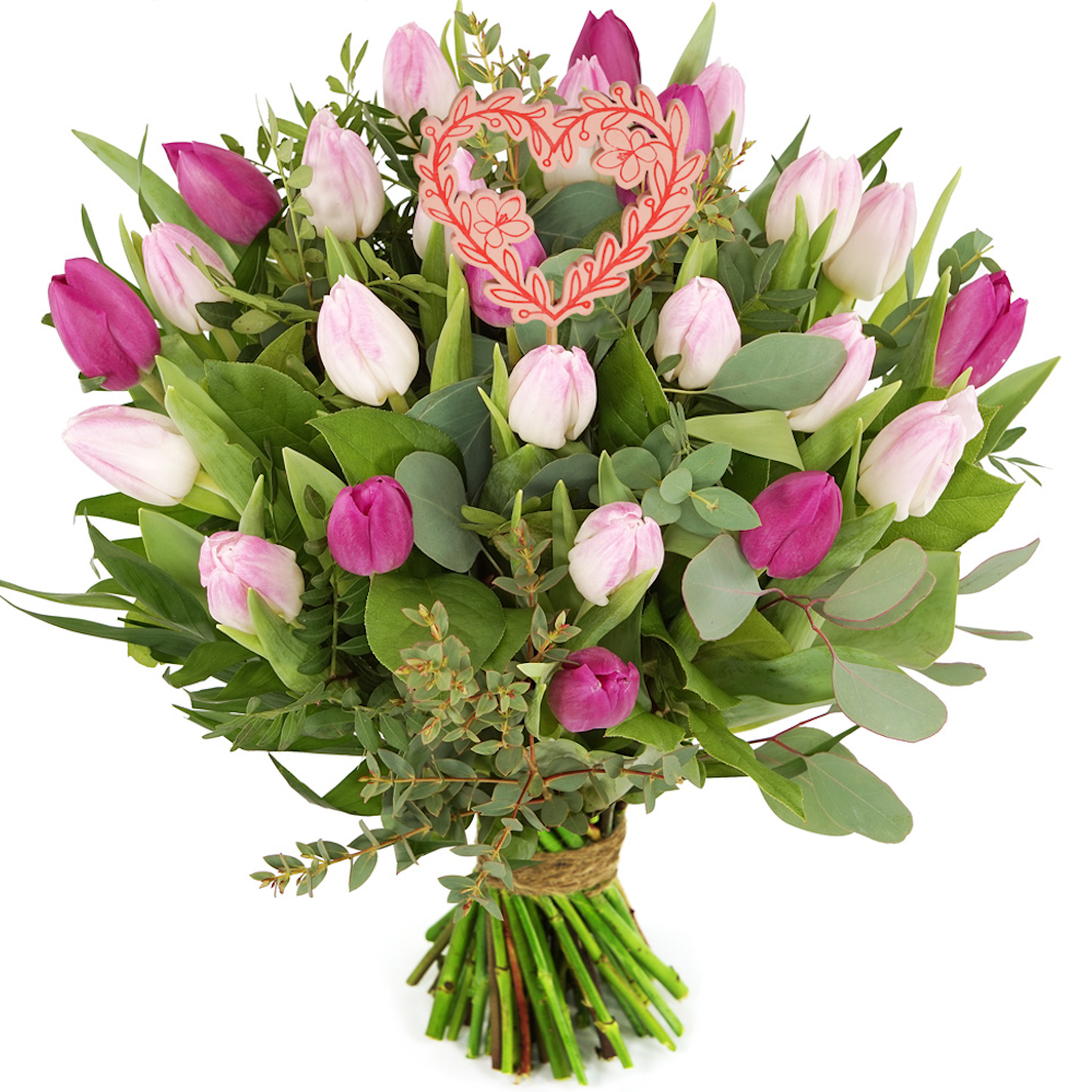 Boeket roze tulpen + roze romantisch hart