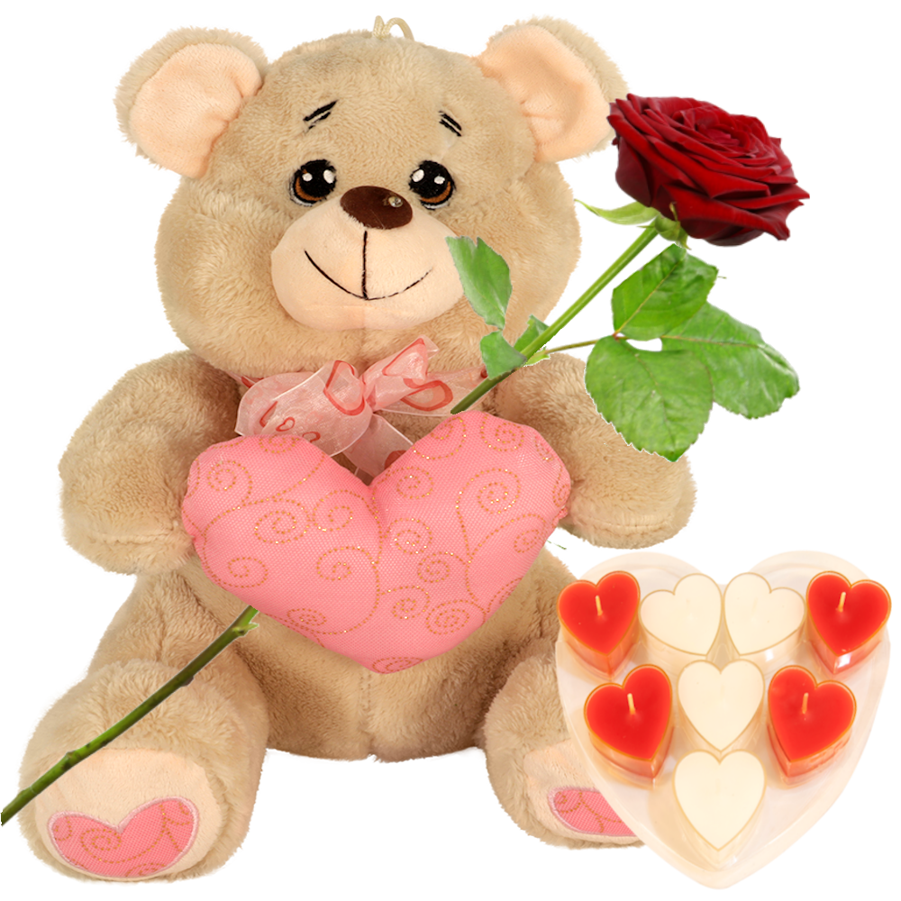Knuffelbeer ca. 30 cm licht bruin met roze hart+ verse rode roos + doosje met 8 hartjes waxinelichtjes